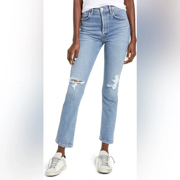 AGOLDE Riley Ripped Super High Waist Crop Straight Leg Jeans in Whiplash - Picture 1 of 13